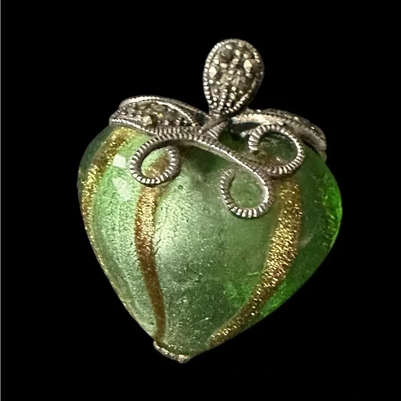 Green Dychroic Glass Heart Pendant with Silver Leaf Detail 22” Sterling Chain